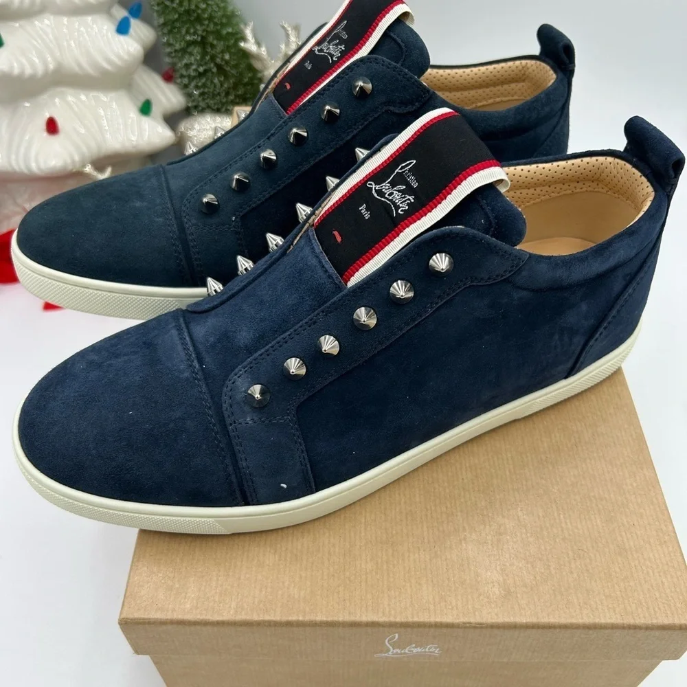 Christian Louboutin Navy Suede Spike-Embellished Sneakers with Red Accent